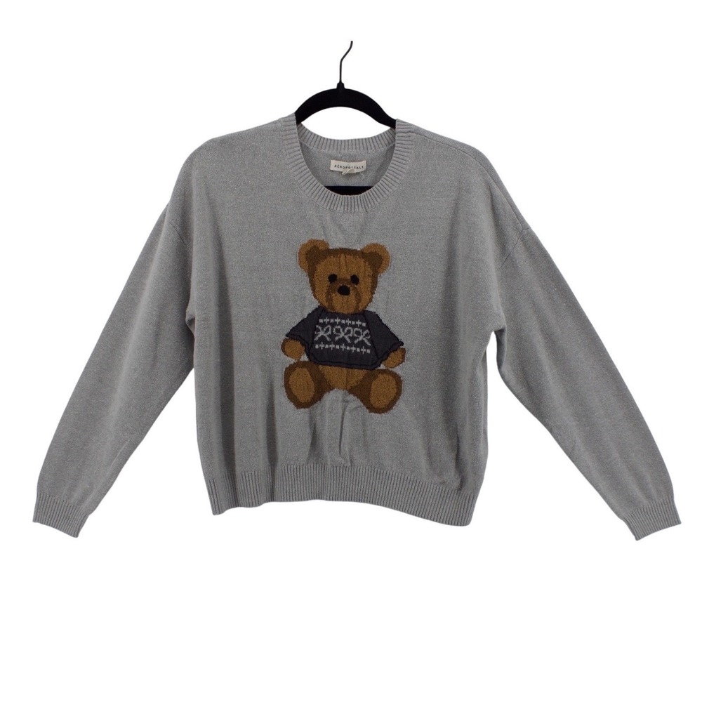 Aeropostale Sweater‎ Womens S Pullover Grey Textured Teddy Bear Graphic Knit